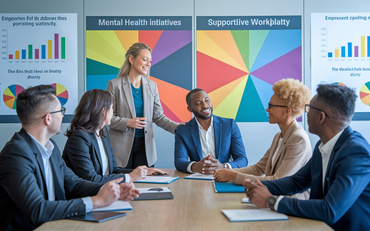 A corporate meeting room where leaders are discussing policies for mental health initiatives. Charts showcasing statistics on employee well-being hang on the walls, and there are bright, engaging visuals that represent inclusivity and diversity. The leaders exhibit collaborative energy, emphasizing the importance of supportive policies in creating a positive workplace culture.