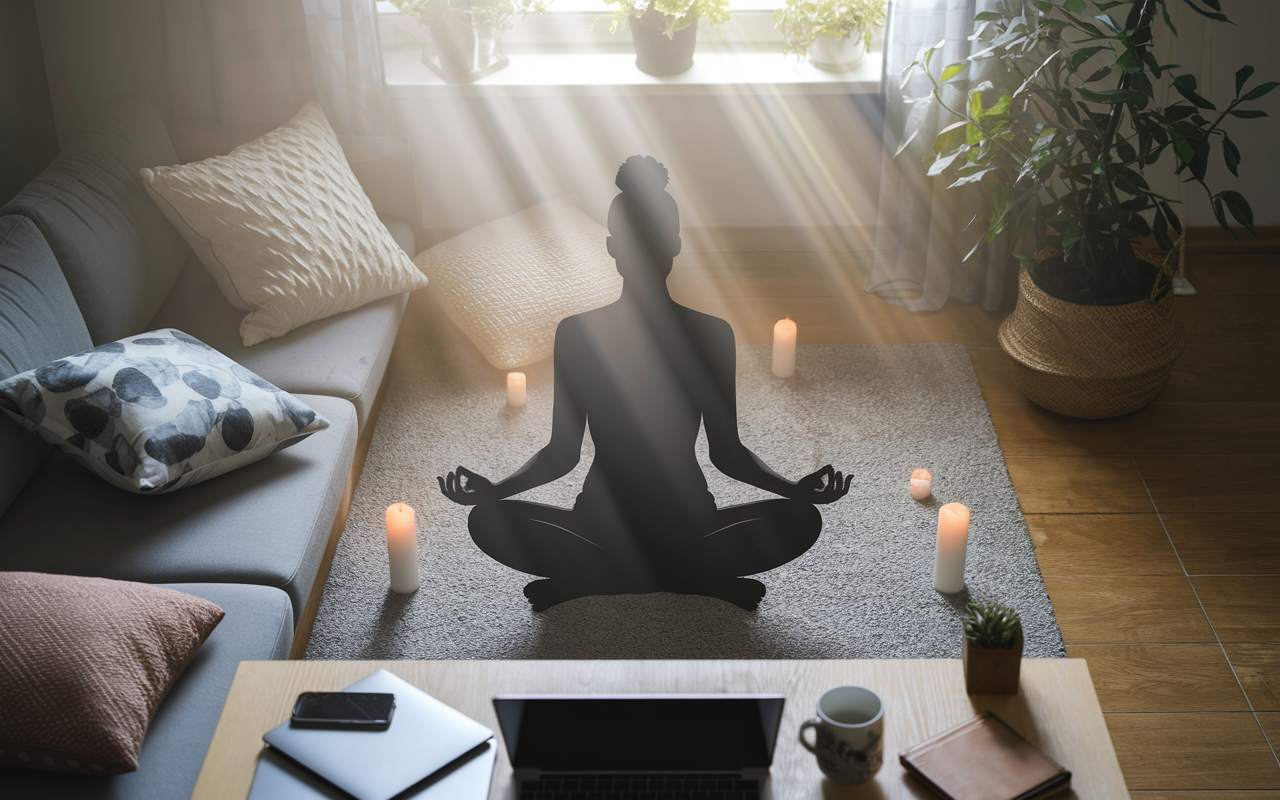 An artistic representation of mindfulness practices; a silhouette of a person sitting cross-legged in a home setting, surrounded by calming elements like soft cushions, candles, and plants. Gentle rays of sunlight filter through a window, creating a serene atmosphere. The surroundings showcase a balance of work and relaxation — a laptop closed on a desk nearby, suggesting a transition into personal time. The scene evokes peace, tranquility, and focus.