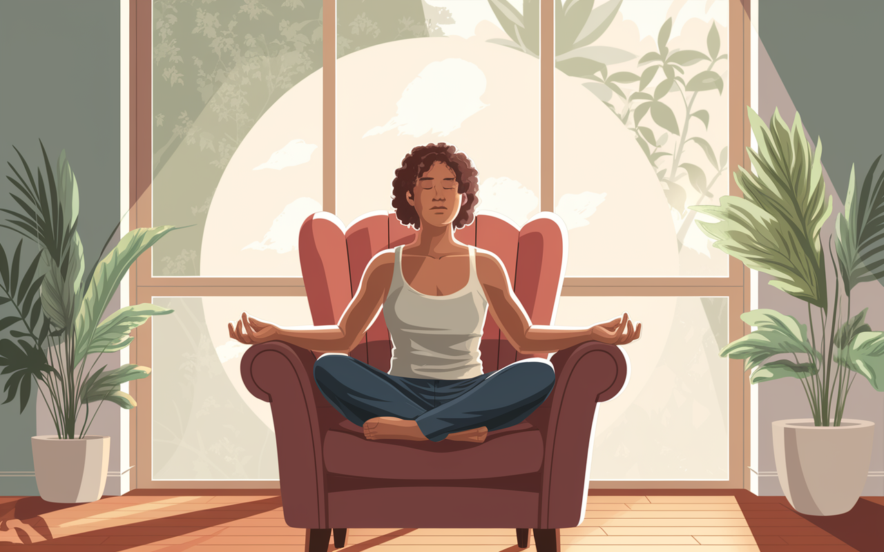 A peaceful setting where a person sits comfortably on a favorite chair in their home, surrounded by plants and sunlight pouring through a large window. The individual closes their eyes and appears calm as they engage in deep breathing exercises. A soft aura of light surrounds them, symbolizing tranquility and mindfulness. The environment exudes warmth and comfort, providing a perfect backdrop for relaxation and preparation for home life.