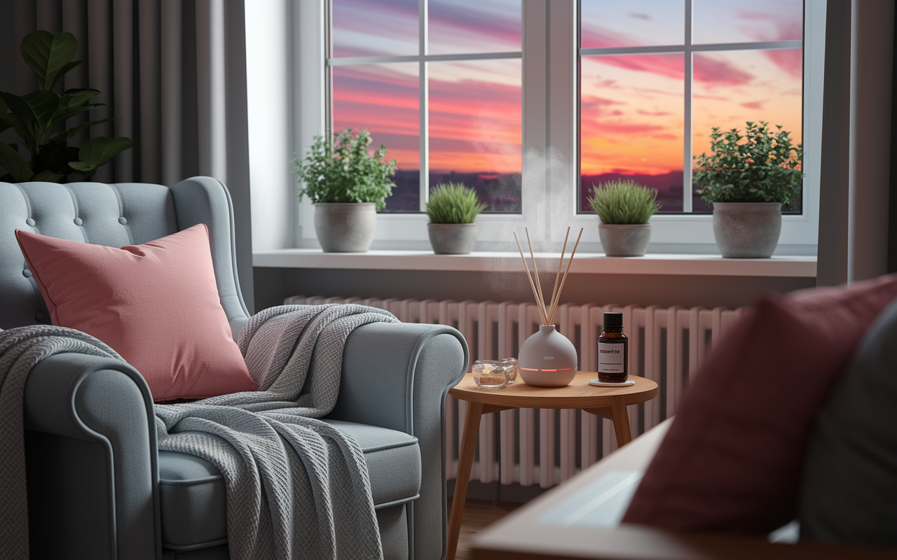 An inviting corner of a living room designed for mindful transitions, featuring a plush armchair, soft throw blankets, and a small table adorned with a diffuser emitting soothing essential oils. A view of a vibrant sunset through the window adds warmth to the scene, while gentle greenery in pots enhances the calming atmosphere. The space radiates comfort, encouraging relaxation and reflection after a busy day.