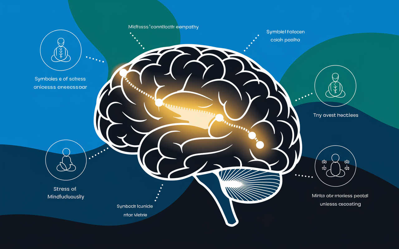 An artistic representation of the brain highlighting areas affected by mindfulness, showing neural connections glowing and pulsating. The amygdala is illustrated with reduced activity, while regions responsible for empathy are more vibrant. The context is set within a calming color palette of blues and greens, suggesting tranquility and clarity. Symbols of stress and mindfulness practices surround the brain illustrating their impacts, balanced harmoniously.