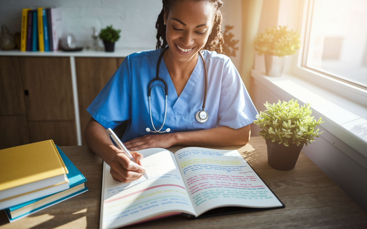 A healthcare provider seated at a wooden desk, writing in a journal with a content smile, surrounded by health-related books and a small plant. Sunlight streams through a nearby window, creating a warm and inviting atmosphere. Pages of the journal are filled with colorful handwritten gratitude notes, showcasing a positive mindset. The setting reflects inspiration and reflection, symbolizing the transformative power of gratitude in healthcare.