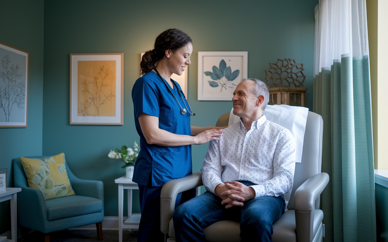 A compassionate healthcare provider standing at the side of a patient seated in a comfortable exam room. The room is filled with soft, natural light, and the provider speaks gently, demonstrating mindfulness in conversation. The patient looks calm and engaged, showcasing the positive impact of mindful interactions. A peaceful atmosphere surrounds them, highlighted by calming colors and inspirational art on the walls.