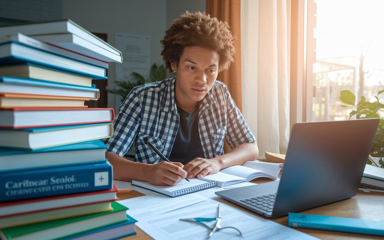 An engaged student sitting at a desk piled high with research materials about Caribbean medical schools, with a laptop open to a school’s homepage. The student is taking notes on a notepad, surrounded by books and papers, with a focused expression on their face. Soft afternoon light filtering through a window casts a warm glow on the scene, highlighting the determination of the student.