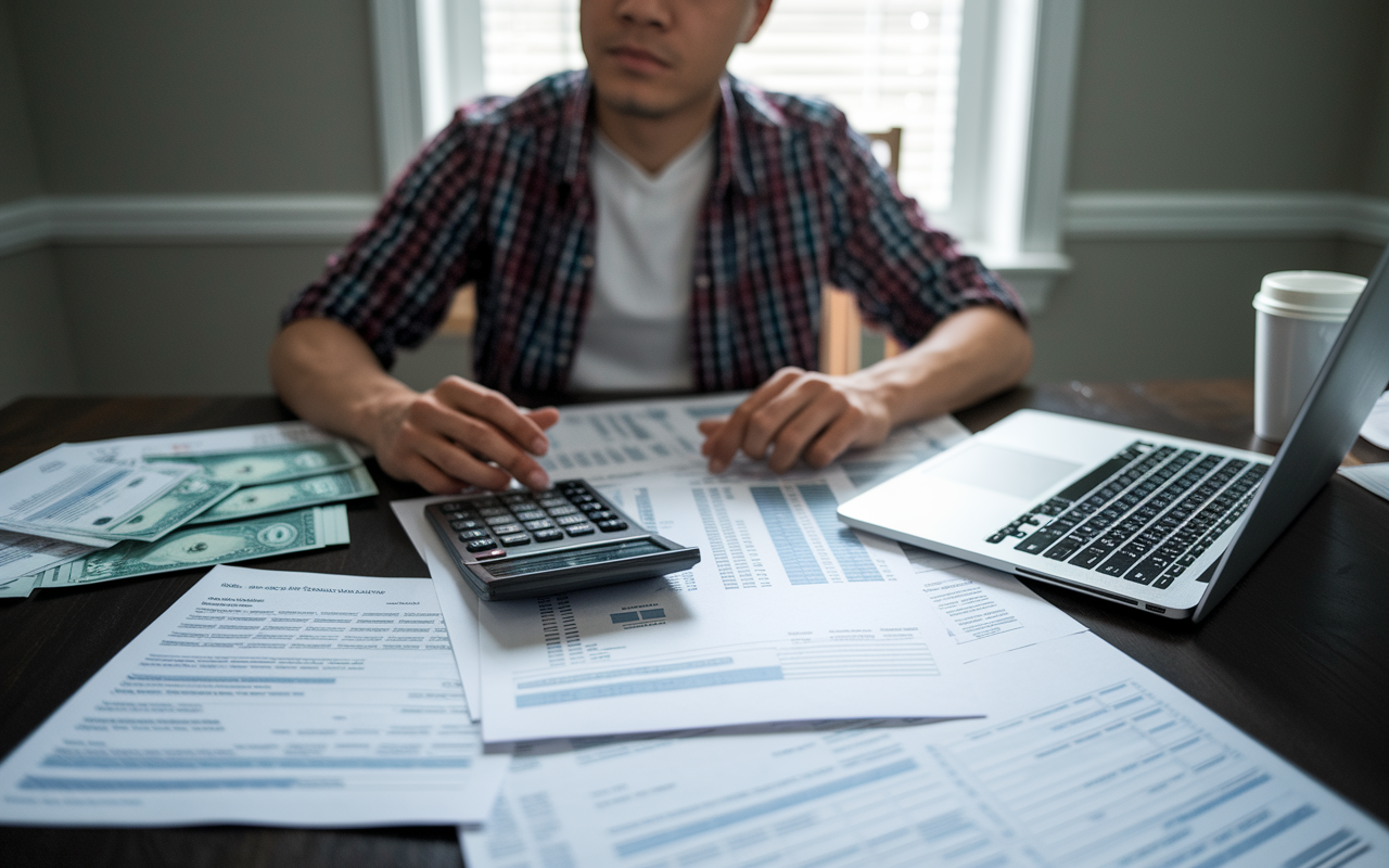 A young adult sitting at a dining table with bills, a calculator, and a laptop open to a financial aid application form. The room is softly lit, and the expression on the individual's face is one of concentration and concern as they draft a budget plan for medical school expenses. Papers are scattered, illustrating the complexity of financial planning.