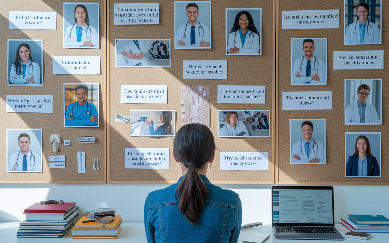 A career-focused student sitting in front of a vision board filled with images of medical professionals, specialty areas, and motivational quotes. The board is surrounded by scholarly books about various medical fields, and a laptop displaying academic resources. Natural light shines through a nearby window, symbolizing hope and aspiration.