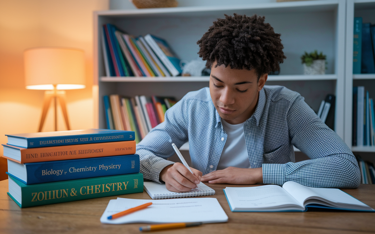 A student reviewing textbooks and notes in a cozy study environment, surrounded by educational materials related to biology, chemistry, and physics. A peaceful ambiance is enhanced by warm lamp light, conveying a sense of calm determination. The individual is jotting down notes on a notepad, showcasing proactive study habits.