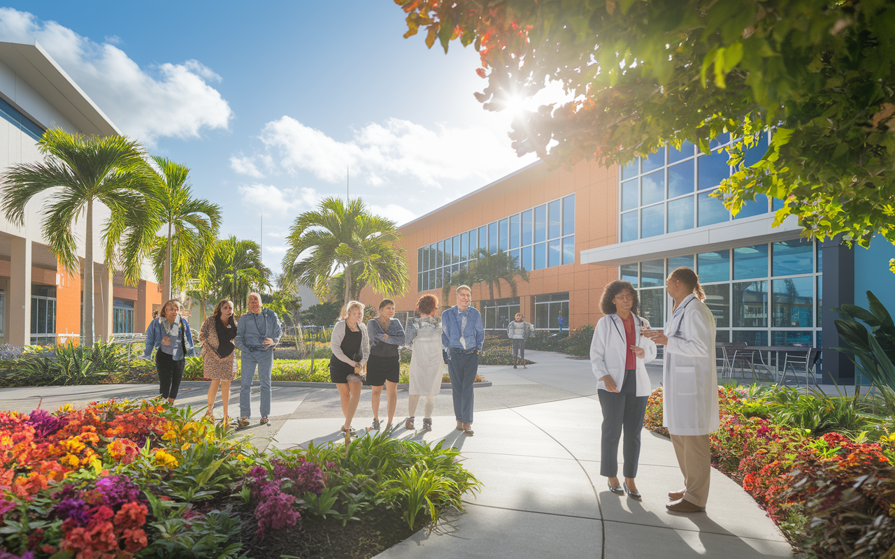 A prospective student touring a vibrant Caribbean medical school campus, engaging with friendly staff members and observing modern facilities. The scene captures the beauty of the tropical surroundings, including colorful flowers and students socializing. Bright sunlight bathes the campus, reflecting a hopeful and inviting atmosphere.