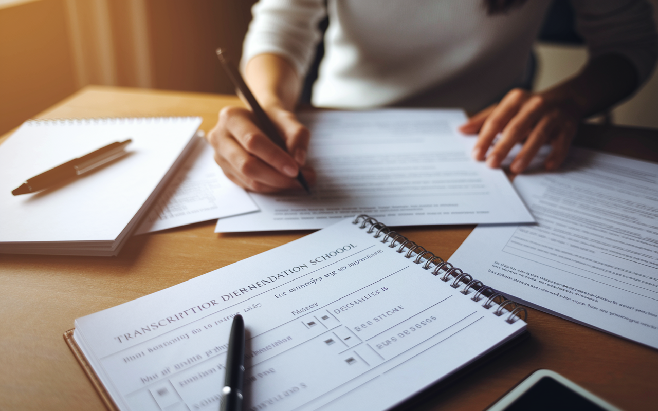 A student preparing an application for medical school, meticulously organizing documents like transcripts, recommendation letters, and personal statements laid out on a desk. A planner with deadlines and checklists in the foreground emphasizes organization. The scene is illuminated by warm light, evoking a sense of diligence and determination.