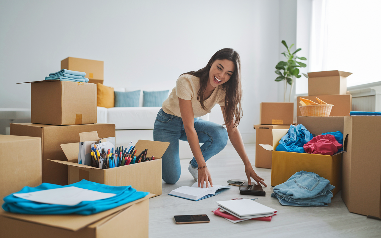 A newly admitted student excitedly organizing their new living space in the Caribbean, surrounded by boxes unpacked with school supplies, clothing, and books. The room is bright and inviting, reflecting a fresh start. The student's expression is a mix of excitement and determination as they plan for the upcoming journey.