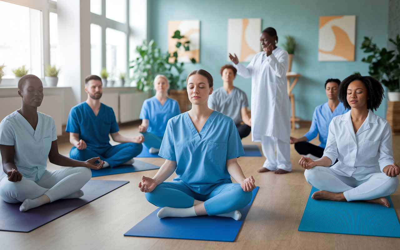 A group of diverse medical professionals engaged in a mindfulness workshop, seated on yoga mats in a serene room filled with soft natural light from large windows. They are listening attentively to a facilitator, who demonstrates mindful breathing techniques. The walls are adorned with plants and calming artwork, creating an inviting atmosphere. Some participants are smiling and absorbing the teachings, while others practice deep breathing, embodying a sense of tranquility and connection. This collective experience highlights the importance of mindfulness in enhancing focus and collaboration among healthcare providers.