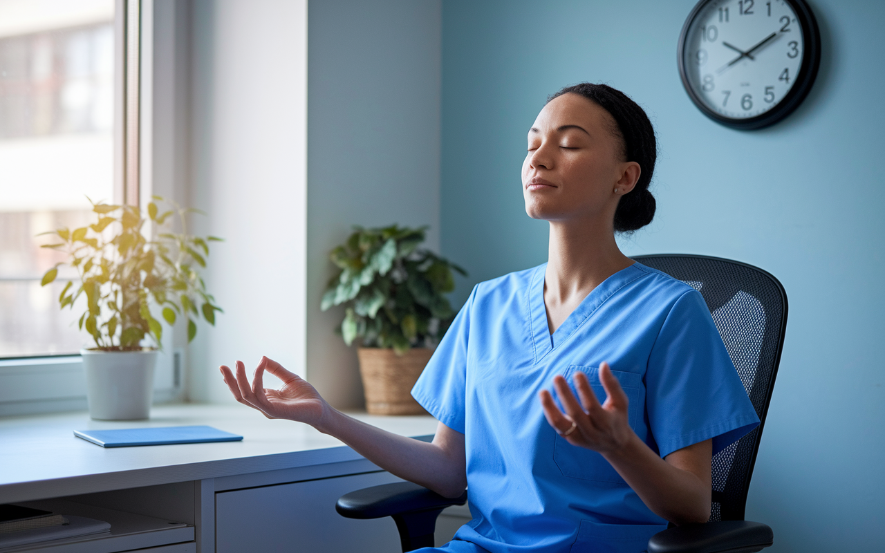 An office scene showing a healthcare worker in blue scrubs practicing mindful breathing in a private, peaceful workspace. The atmosphere is tranquil with natural light streaming through a window, illuminating a small indoor plant on the desk. The worker is seated comfortably in a chair, eyes closed, with a calm expression, demonstrating deep concentration and peace. A clock on the wall shows it's break time, emphasizing the importance of mindfulness in a hectic work environment.