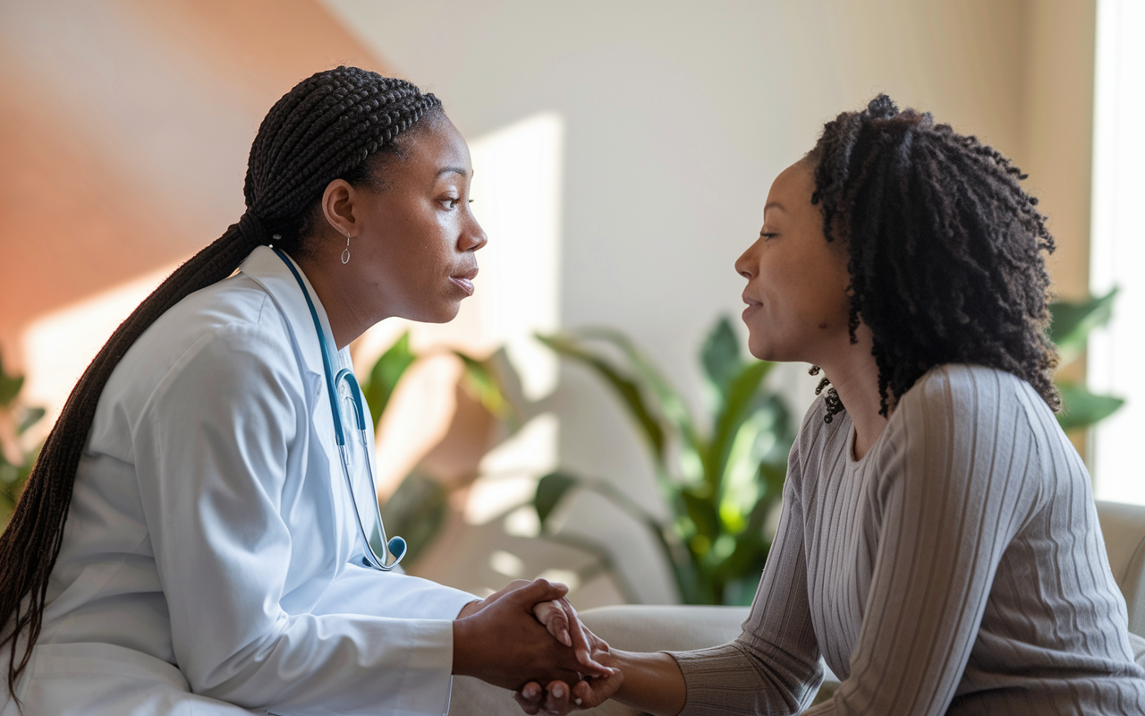 A focused healthcare professional engaging in mindful listening with a patient in a consultation room. The provider, wearing a white coat, is leaning slightly forward with an attentive expression, while the patient, visibly relaxed, shares their concerns. The background is soft and calming, featuring warm colors and plants, emphasizing the importance of compassionate care in the wellness interaction. Natural light shines through the window, creating an inviting atmosphere.