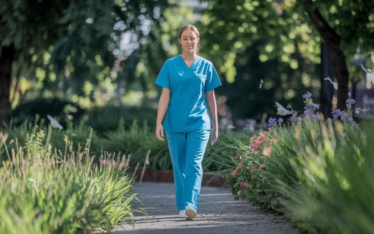 A healthcare worker in scrubs, taking a mindful walk through a lush green park during break time. They are walking slowly, with a peaceful expression, focusing on each step and the surrounding beauty. The scene includes dappled sunlight filtering through the trees, birds chirping, and bright flowers along the path, emphasizing the rejuvenating nature of mindful walking amidst a busy work routine.