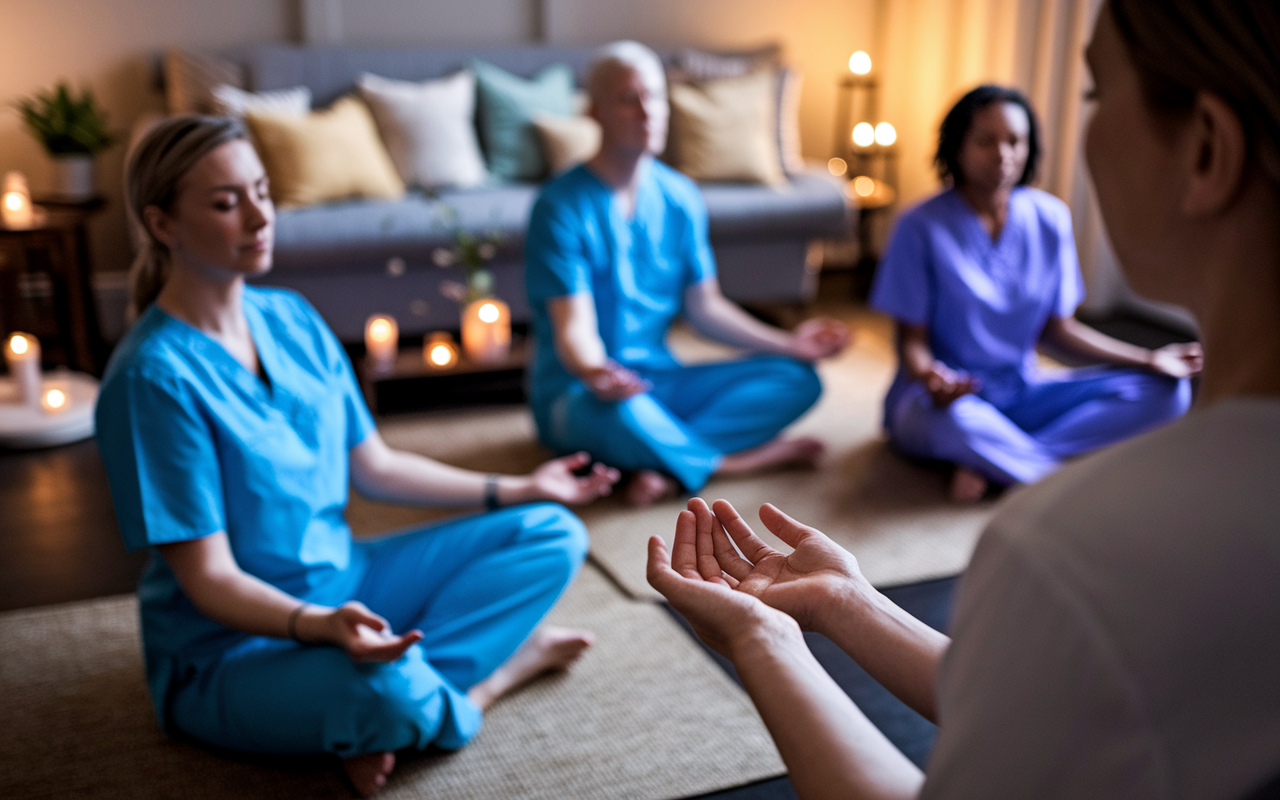 An intimate scene of a small group of healthcare professionals sitting in a cozy room, each engaged in guided imagery meditation. They are seated comfortably with eyes closed, while a facilitator leads the session in the foreground, using soothing visuals. The ambiance is warm, with scented candles and soft cushions, creating an inviting environment that encourages relaxation and emotional healing, reflective of the supportive culture in healthcare settings.