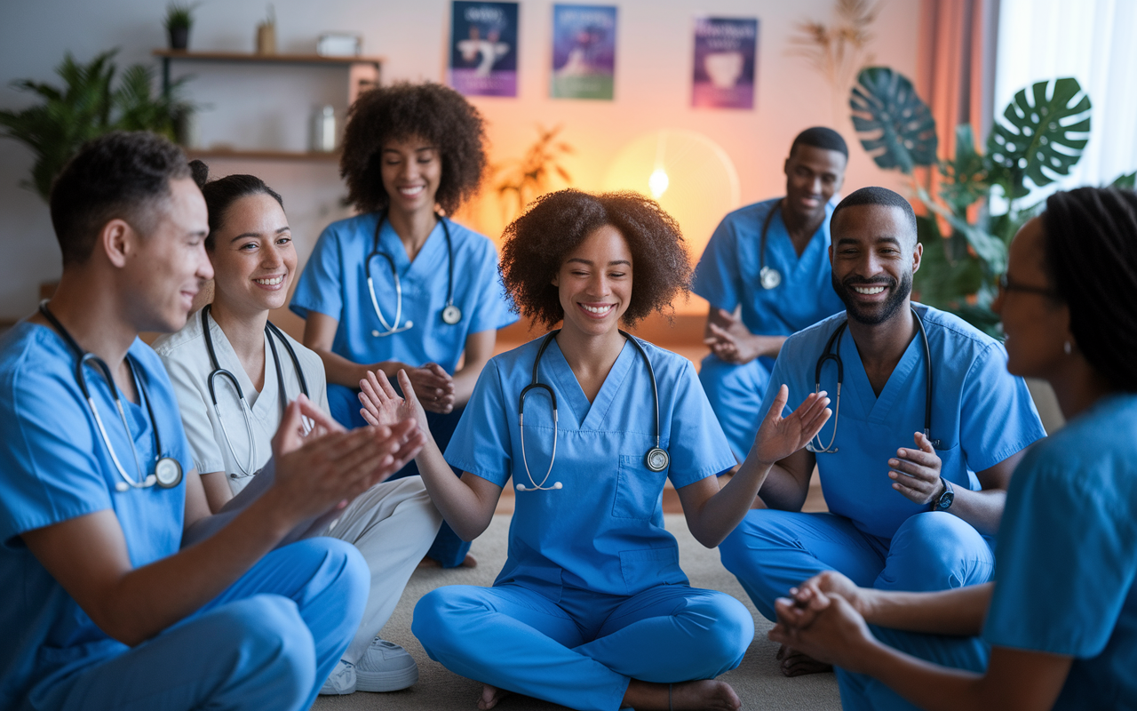 A diverse group of healthcare professionals gathered in a serene space, smiling and encouraging each other during a mindfulness session. The room is adorned with soft colors, plants, and motivational posters. They are practicing mindfulness techniques together, reflecting unity and support in a high-stress work environment. Warm ambient lighting creates a welcoming atmosphere, encapsulating the essence of teamwork and holistic wellness in healthcare.