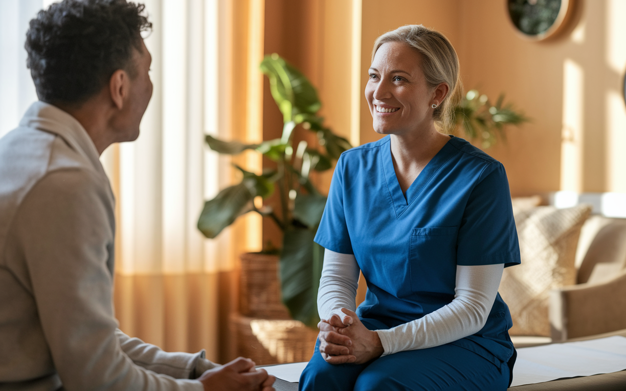 A healthcare provider sitting at eye level with a patient in a warm, inviting examination room. The provider, a middle-aged woman in scrubs, is listening attentively with a gentle smile, maintaining eye contact with her patient, which creates a trusting atmosphere. Natural light streams through the window, illuminating the scene, while calming decor and a plant enhance the soothing environment.