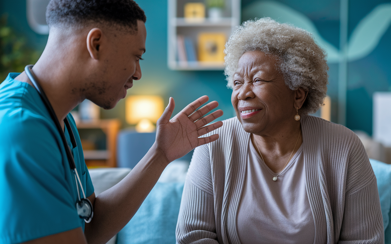 A close-up scene illustrating a healthcare provider engaged in active listening during a patient consultation. The provider, a young male in scrubs, is nodding and leaning forward, showing empathy and understanding. The patient, an elderly woman, looks relieved and seen, with emotions reflected in her face. The background features a cozy consultation room with calming colors and medical equipment, emphasizing a supportive atmosphere.