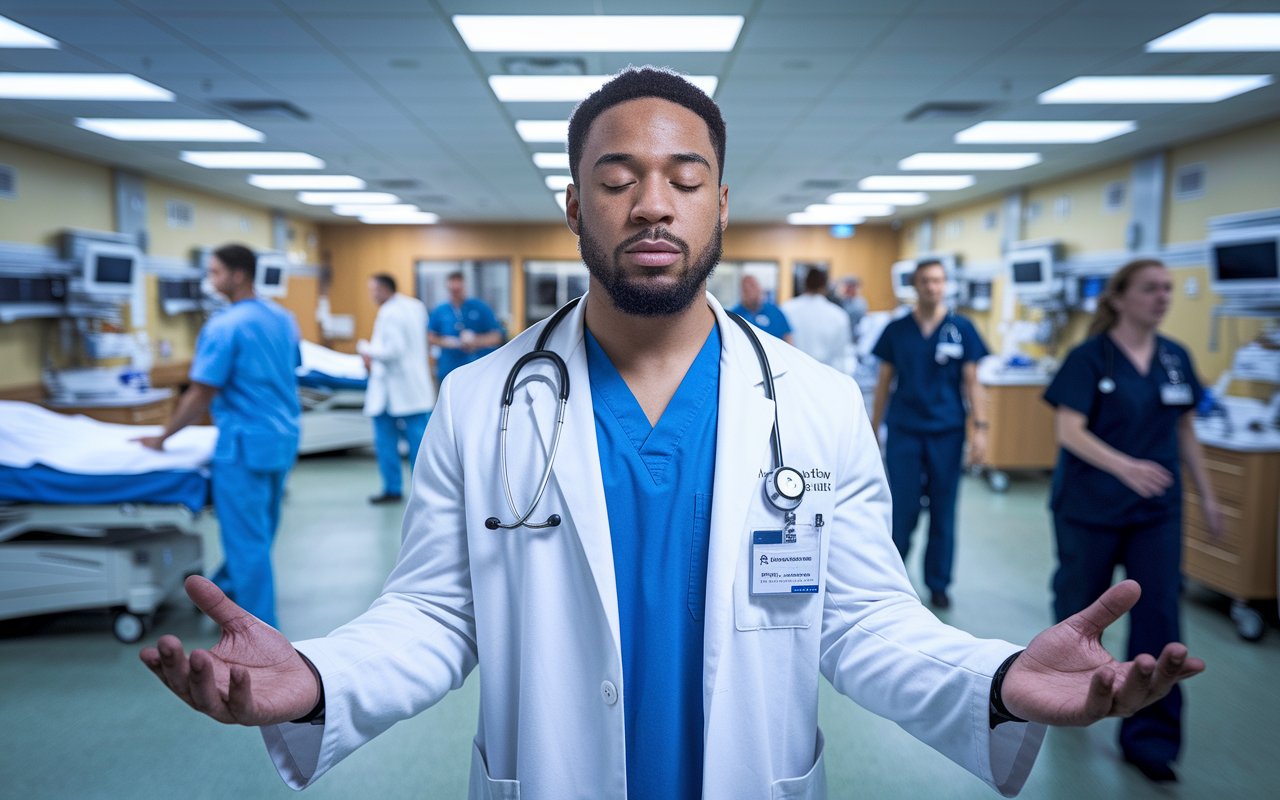 A scene showing Dr. Smith, a young physician, in a bustling emergency room, taking a calming deep breath before entering a patient's room. The background features a busy emergency department with staff moving around, but Dr. Smith embodies stillness and focus. Soft lighting highlights his determined expression, capturing the essence of mindfulness amidst chaos.