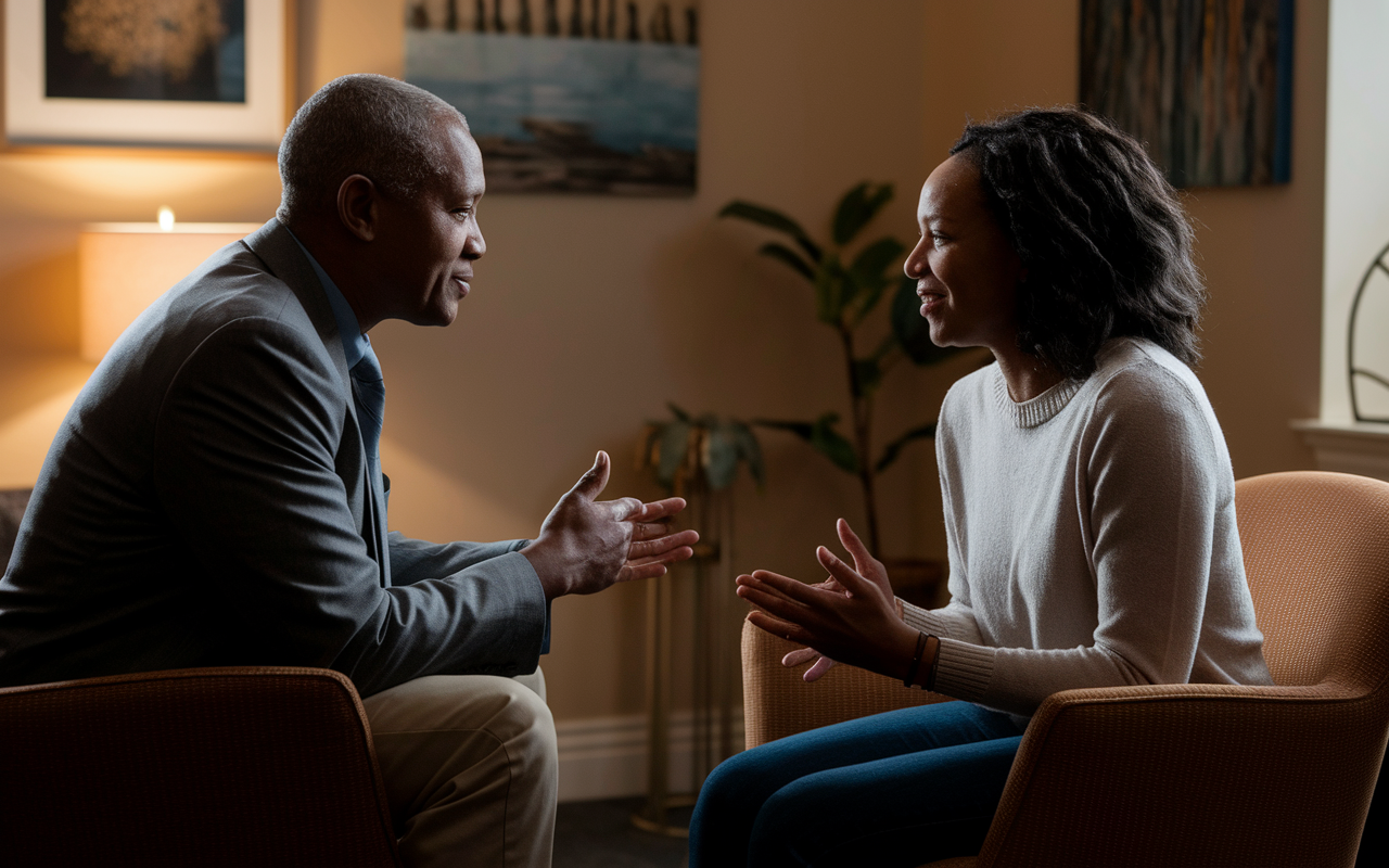 A serene consultation between Dr. Thompson and Linda in a warmly decorated psychiatrist's office. Dr. Thompson, a calm middle-aged man, is attentively listening to Linda, who appears relieved and open, expressing herself freely. The room is softly lit, adorned with peaceful artwork, creating an atmosphere of safety and trust. The interaction captures a moment of deep empathy and connection.