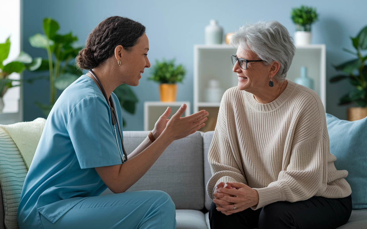 A healthcare professional and a patient engaged in a deep conversation in a well-lit consulting room. The professional, exuding empathy, is gesturing attentively while the patient appears relaxed and open, reflecting trust. A soft emphasis on their facial expressions showcases connection and understanding. The room is decorated with calming colors and elements like plants, making the atmosphere inviting and conducive to mindfulness.