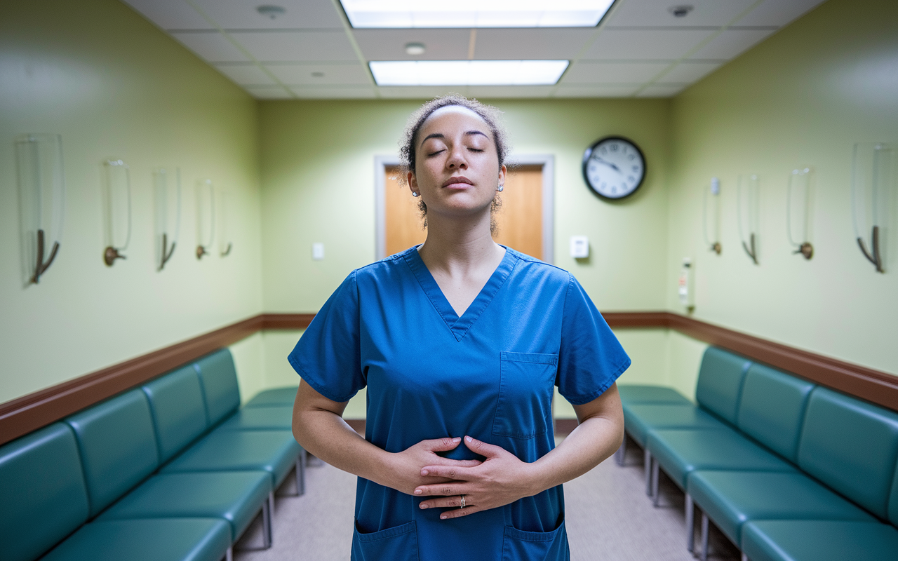 A healthcare provider practicing mindful breathing in between appointments, standing in a quiet, softly lit break room of a hospital. The practitioner closes their eyes, hands placed gently on their stomach, surrounded by soft colors of walls and a peaceful ambiance. A clock on the wall indicates a short moment taken for self-care amidst a busy day, symbolizing the importance of mindfulness in healthcare settings.