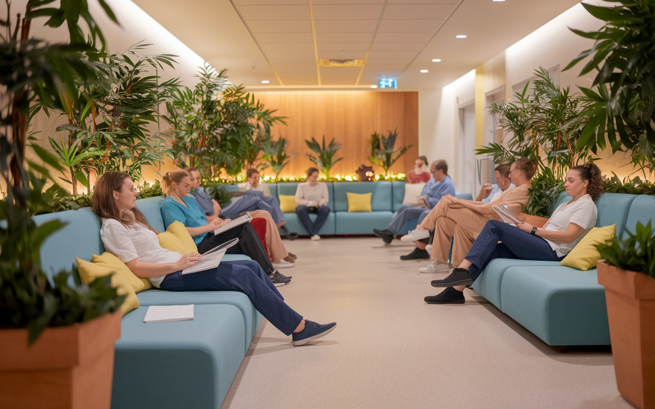 A peaceful relaxation area in a healthcare facility, decorated with soft seating, indoor plants, and ambient lighting. Healthcare staff members are seen unwinding, engaging in mindfulness practices such as reading or meditating. The environment is warm and welcoming, promoting serenity and awareness, emphasizing the positive impact of mindfulness culture in medical settings.