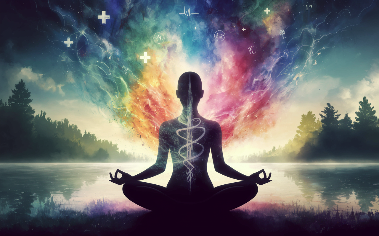 An artistic visualization of mindfulness, showing a silhouette of a person meditating in a lotus position surrounded by vibrant, swirling colors that represent thoughts and feelings dissipating. Incorporate subtle elements like medical symbols merging with peaceful nature scenes—trees, water, and skies. The lighting is ethereal, giving a sense of calm and clarity, illustrating the connection between mindfulness and personal well-being.