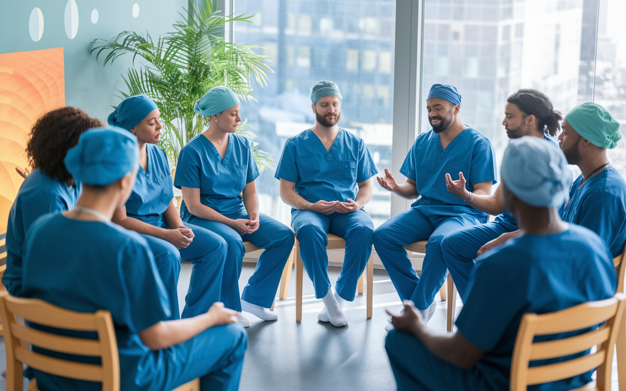 A group of diverse surgical professionals gathered in a circle in a hospital breakout room, engaged in a mindfulness session before a surgery. They are sitting in a relaxed posture, with some meditating and others discussing. Soft natural light filters through the windows, creating a calming ambiance. Visual elements such as a potted plant and soothing decor contribute to a serene atmosphere emphasizing mindfulness in teamwork.