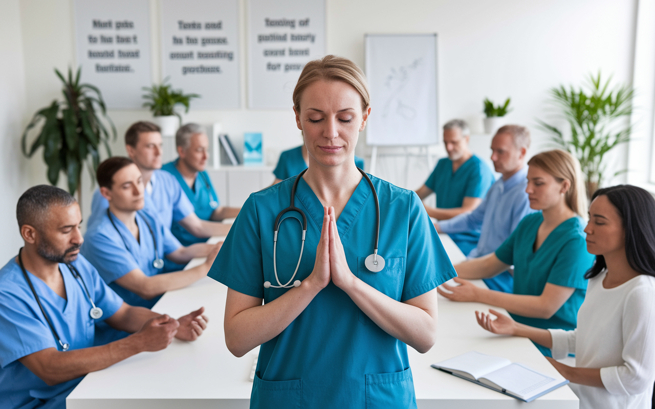 A female orthopedic surgeon, Dr. Sarah, leading her surgical team in a mindfulness exercise in a light-filled conference room. The team is gathered around her, participating attentively as she demonstrates breathing techniques. Positive expressions on faces reflect engagement and openness to mindfulness. The room is decorated with inspirational quotes and plants, emphasizing a supportive and nurturing environment for professional growth.