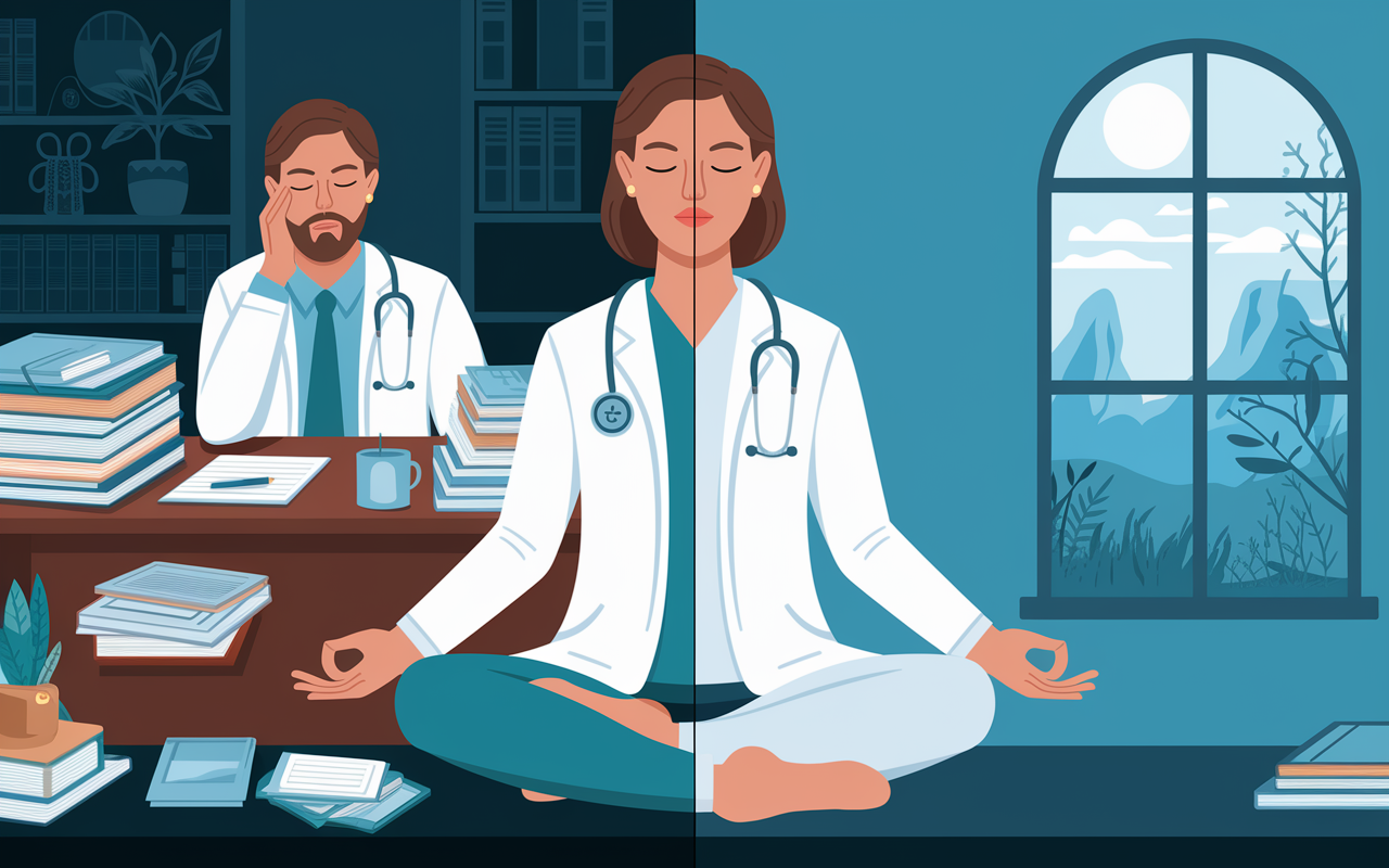 A split-scene visualization showing the evolution of a medical practitioner engaging in mindfulness techniques. On the left, a stressed doctor surrounded by chaotic paperwork and a cluttered desk, embodying burnout. On the right, the same doctor, now in a tranquil setting, practicing breath awareness meditation with a serene expression, surrounded by calming nature views through a window, indicating the transformation mindfulness brings to stress management in healthcare.