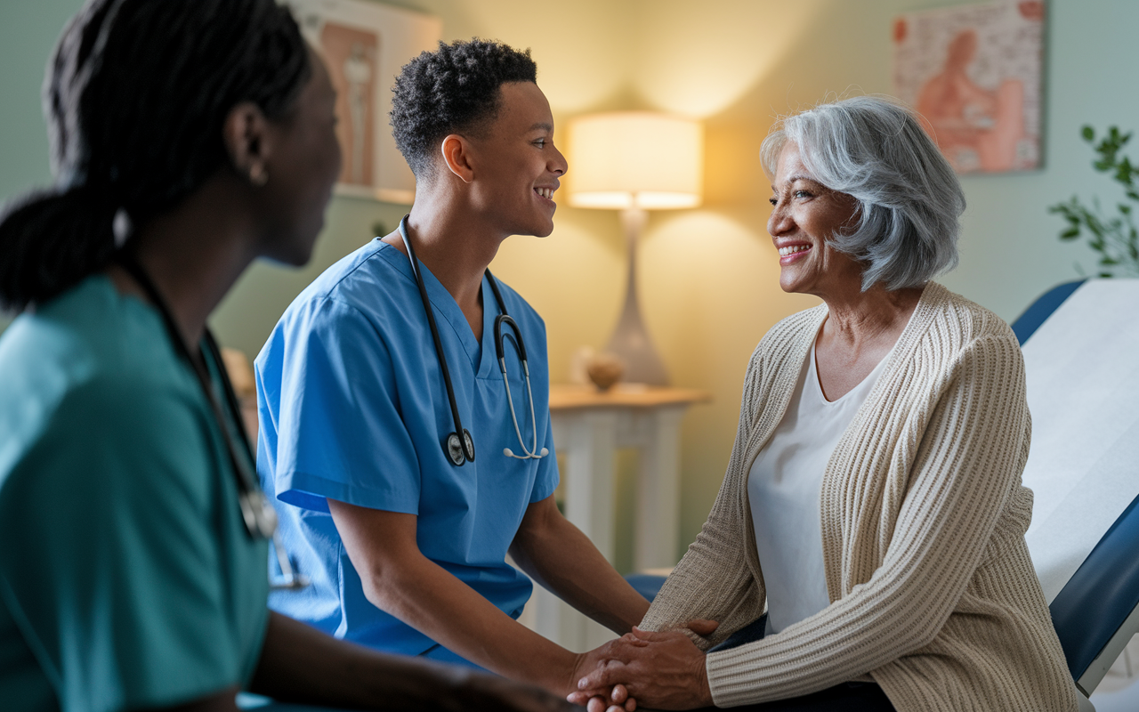 An intimate consultation scene between a healthcare provider and a patient. The provider, an empathetic, young physician, is fully engaged in active listening, with a warm smile and open body language. The patient, an older woman, appears relaxed and at ease, sharing her concerns in a supportive atmosphere. The setting is a softly lit examination room with gentle decor, symbolizing trust and compassion in patient-practitioner interactions.