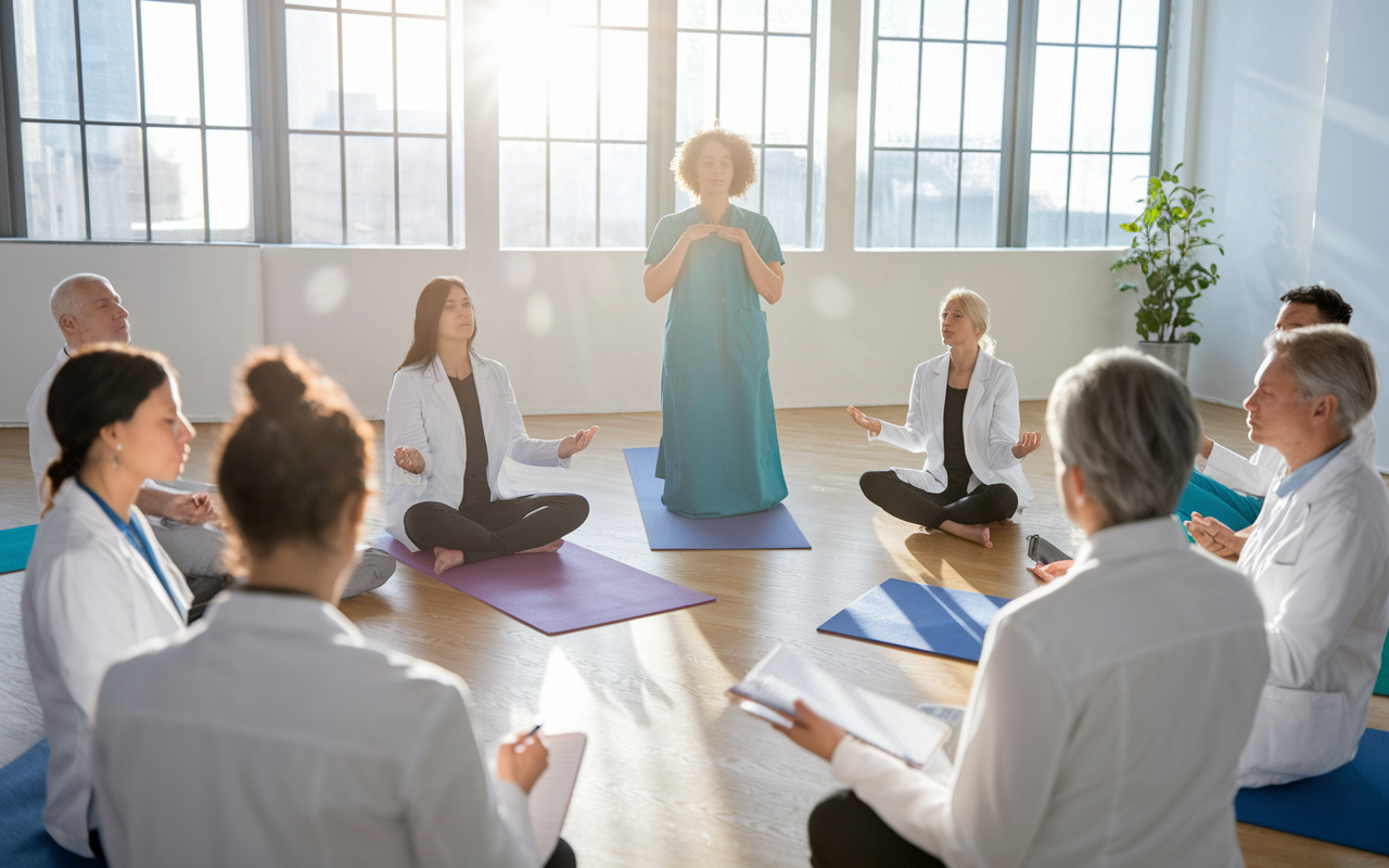 A group of medical practitioners gathered in a bright, inviting workshop space, engaged in a mindfulness training session. An instructor, an expert in mindfulness, stands at the front demonstrating breathing exercises. Participants are seated on yoga mats, embodying calm and concentration, with notebooks and pens in hand, ready to learn. Sunlight streams through large windows, creating an uplifting and inspiring environment that supports growth and learning.