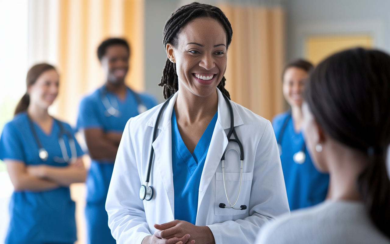 A visibly transformed physician, Dr. Sarah Green, is depicted in a serene hospital setting. She stands confidently with a warm smile, engaging with a patient, demonstrating improved relationships fostered through mindfulness practices. The surrounding environment shows happy, attentive staff, indicating the positive impact of mindfulness not only on her but also on her entire practice. Soft, natural light floods the room, emphasizing a healing atmosphere.