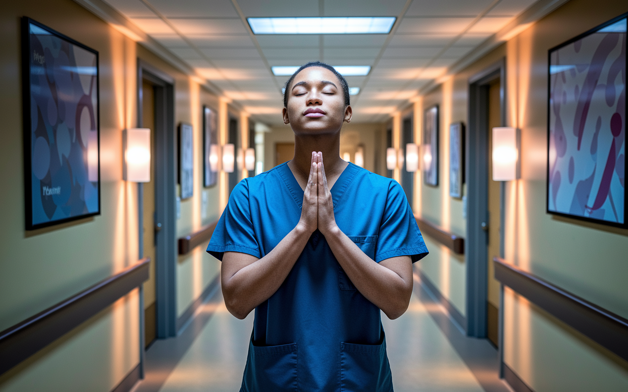 A focused doctor standing in a quiet hospital corridor, practicing mindful breathing before entering a patient’s room. The scene captures the doctor with closed eyes, inhaling deeply, embodied in a tranquil pose. The corridor is softly lit, with abstract medical posters along the walls and a sense of calmness enveloping the setting. Warm light creates a peaceful atmosphere, emphasizing the importance of mindfulness in stressful medical environments.