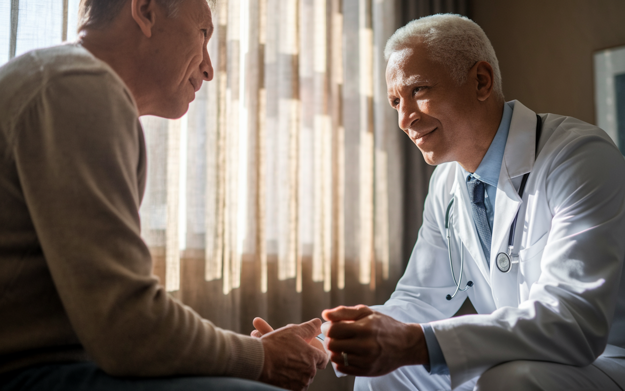 A close-up scene focusing on a doctor sitting across from a middle-aged patient in a cozy consultation room. The doctor is leaning slightly forward, showing genuine interest and engagement, with a look of calm attentiveness. Sunlight filters through sheer curtains, creating a warm and inviting atmosphere. The patient appears relieved and valued, expressing their concerns while the doctor listens mindfully, illustrating the essence of compassionate care.