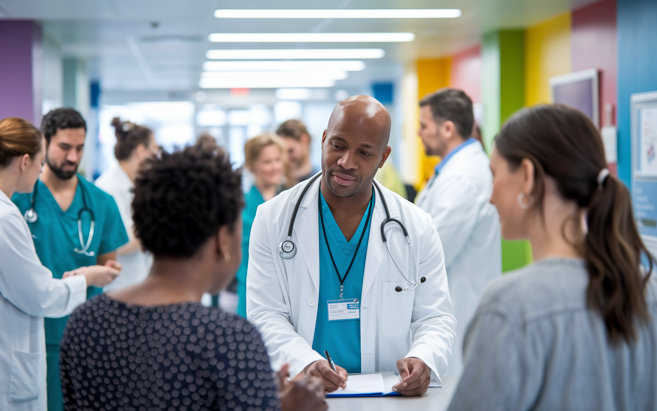 A busy hospital scene depicting healthcare providers engaged in mindful interaction with patients. The setting is filled with bright lighting and respectful energy, showing a doctor attentively listening to a patient discussing their concerns. The doctor's calm posture and open expression highlight effective communication, while visual cues of patient engagement shine through with a comforting environment, colorful walls, and health-related posters, emphasizing the importance of mindfulness in clinical decision-making.