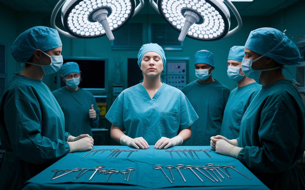 A focused surgeon in an operating room taking a mindful pause before a complex procedure. The room is sterile and well-lit, with a soft glow over surgical tools arranged meticulously. The surgeon, attired in scrubs, closes their eyes for a moment of deep breathing, surrounded by attentive surgical team members. The atmosphere conveys a profound level of concentration and professionalism, highlighting the importance of mindfulness in surgical practices.