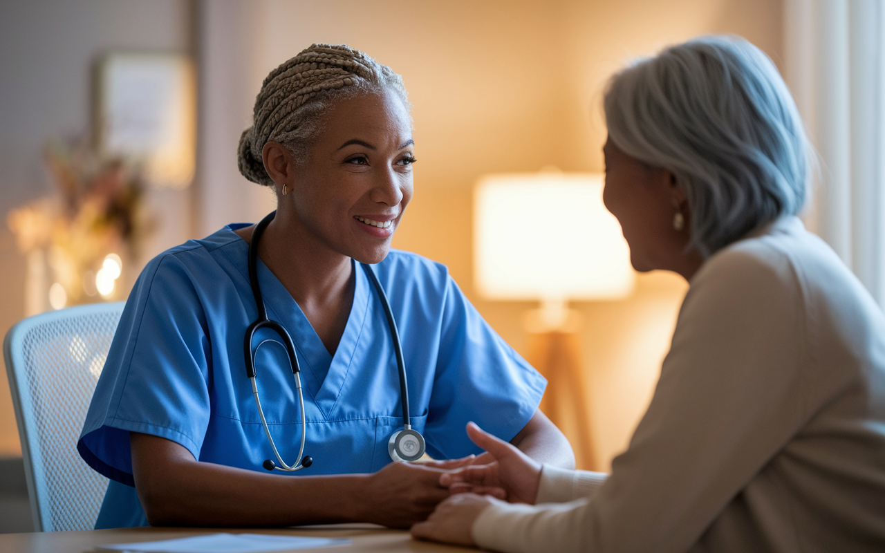 A compassionate healthcare provider engaging with a patient during a consultation. The provider is sitting at a desk, attentively listening as the patient expresses their concerns. The setting is warm and inviting, with soft lighting that creates a comfortable atmosphere. The provider's body language shows openness and empathy, while the patient appears relaxed and empowered, showcasing the significance of mindful communication in enhancing patient care.