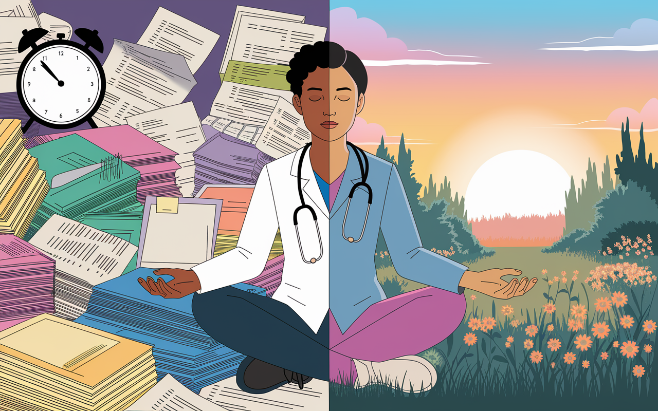 A split-screen illustration showing the contrasting experiences of a physician dealing with burnout on one side, featuring a stressed individual surrounded by chaotic medical charts, piles of paperwork, and a ticking clock. On the other side, the same physician after practicing mindfulness, showing them calm and centered, meditating in an open garden space with vibrant flowers and a soft sunrise illuminating the scene. The imagery depicts the journey from stress to tranquility.