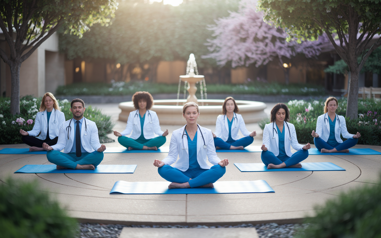 An inviting meditation session set in a tranquil hospital garden. A diverse group of physicians practicing mindfulness meditation together on yoga mats, surrounded by nature, including trees, blooming flowers, and a gentle fountain. The sunlight bathes the scene in a soft, golden hue, conveying a sense of peace and community. The image evokes connection, growth, and the power of mindfulness in a medical context.