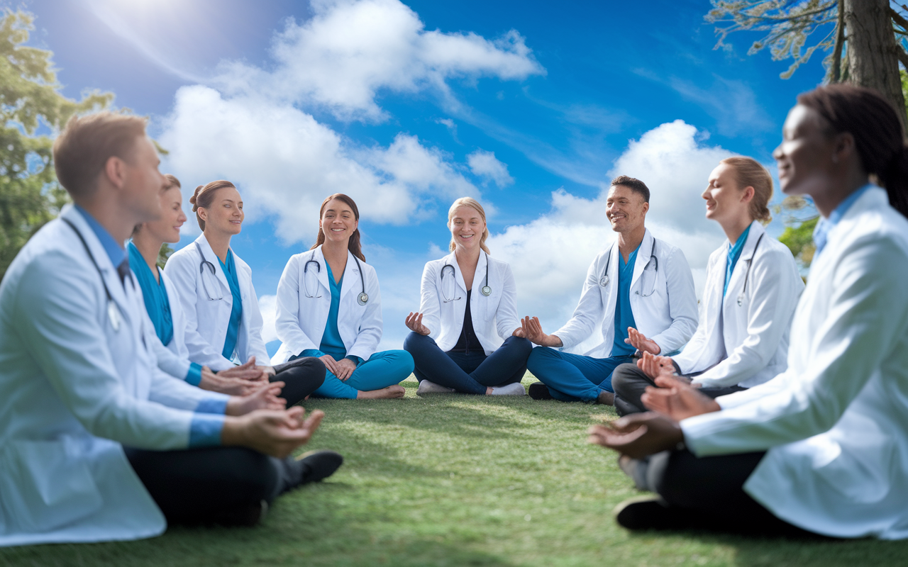 A friendly group gathering of physicians outdoors in a lush healthcare environment, participating in a collective mindfulness session. They are arranged in a circle, eyes closed, some seated, and some standing, embodying relaxation and camaraderie. The sky above them is bright blue with soft fluffy clouds, creating a joyful and collaborative atmosphere. The image illustrates unity and the shared journey towards well-being.