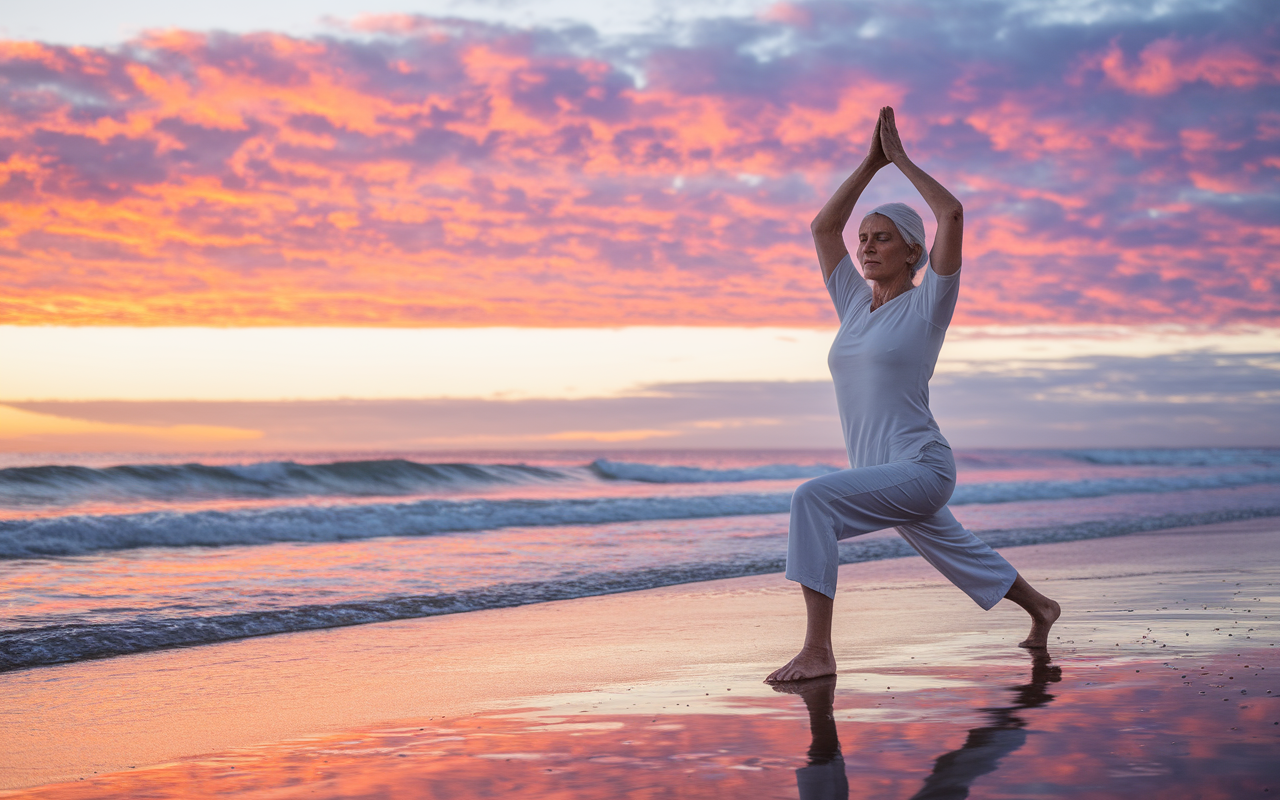 An inspiring image showing an older physician gracefully practicing yoga on a peaceful beach at sunset, symbolizing the longevity and fulfillment through mindfulness. The ocean waves gently lap at the shore, and the sky is filled with vibrant oranges and purples, creating a serene yet powerful atmosphere. The image signifies the sustained benefits of mindfulness throughout a medical career and life journey.