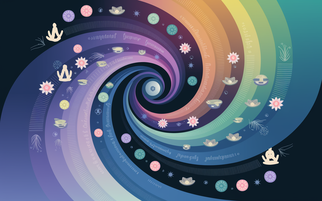 A digital artwork showcasing the transformative power of mindfulness in a vibrant, abstract representation. Swirling colors and soft patterns depict various mindfulness practices like meditation, deep breathing, and mindful eating alongside calming icons such as lotus flowers and tranquil water. The image radiates energy and positivity, embodying the essence of well-being and holistic health.