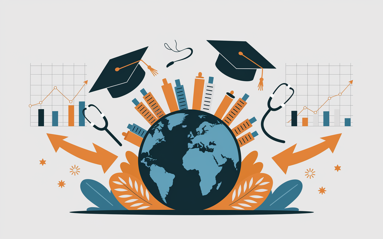 A conceptual illustration showing the growth of international medical schools worldwide. The image depicts a globe with various countries highlighted, symbols of medical education represented by graduation caps and stethoscopes hovering above. Arrows indicate the increasing number of medical programs, with charts in the background illustrating rising application numbers. A bright and optimistic color palette emphasizes opportunity and growth.