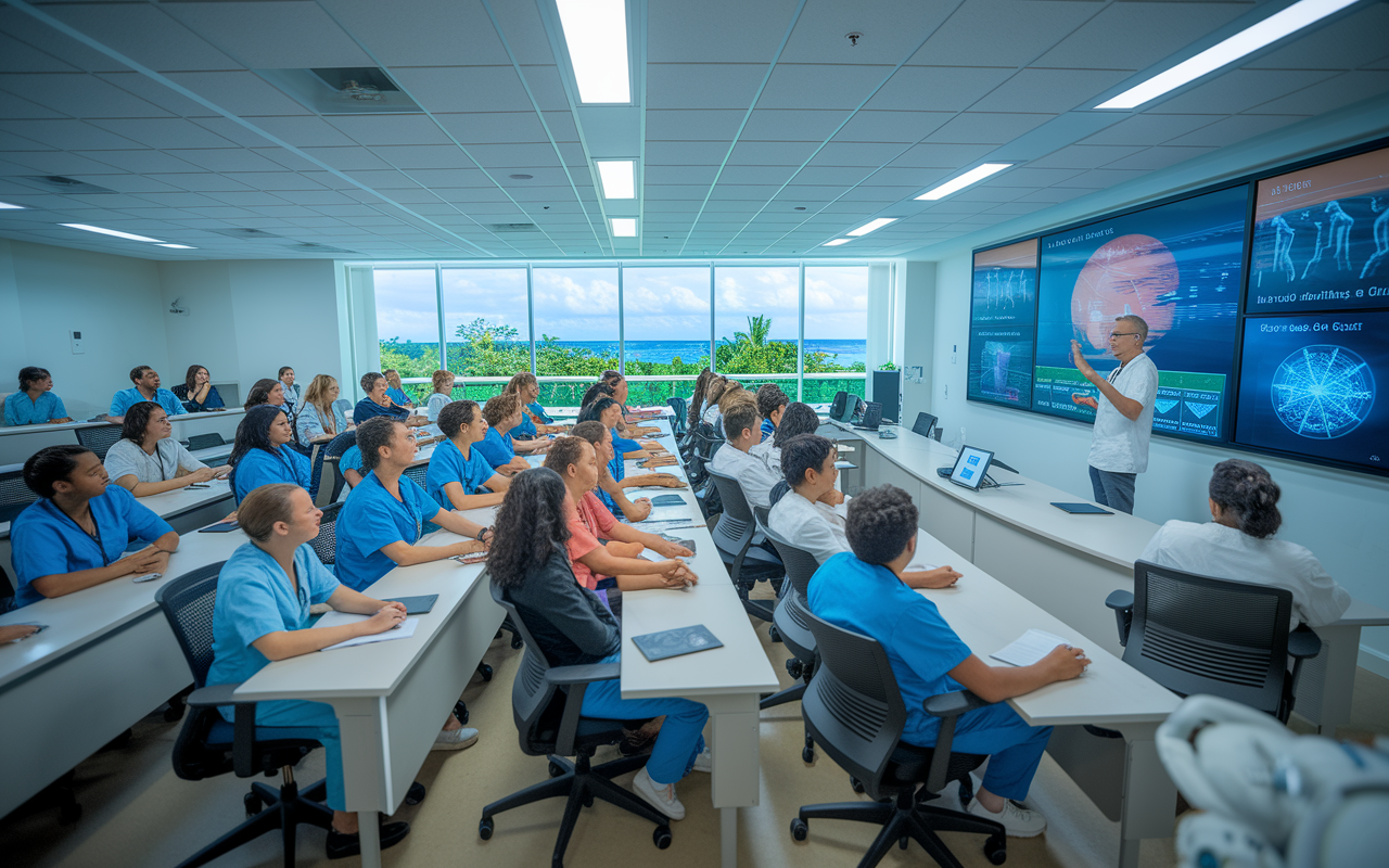 An engaged classroom of international medical students in a bright, modern lecture hall. Students are seated at individual desks, intently listening to a professor explaining complex medical concepts using a digital presentation. The room is filled with high-tech medical models and interactive screens. Outside the window, a tropical landscape hints at the Caribbean setting of a medical school. The mood is focused and ambitious.