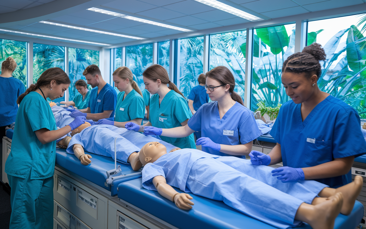 A clinical training session at a medical school in the Caribbean, showing students in scrubs practicing skills on lifelike mannequins in a well-equipped simulation lab. The atmosphere is lively and interactive, with instructors guiding them through procedures. Large windows provide light and views of tropical plants outside, creating an inviting learning environment. Students display expressions of concentration and determination.