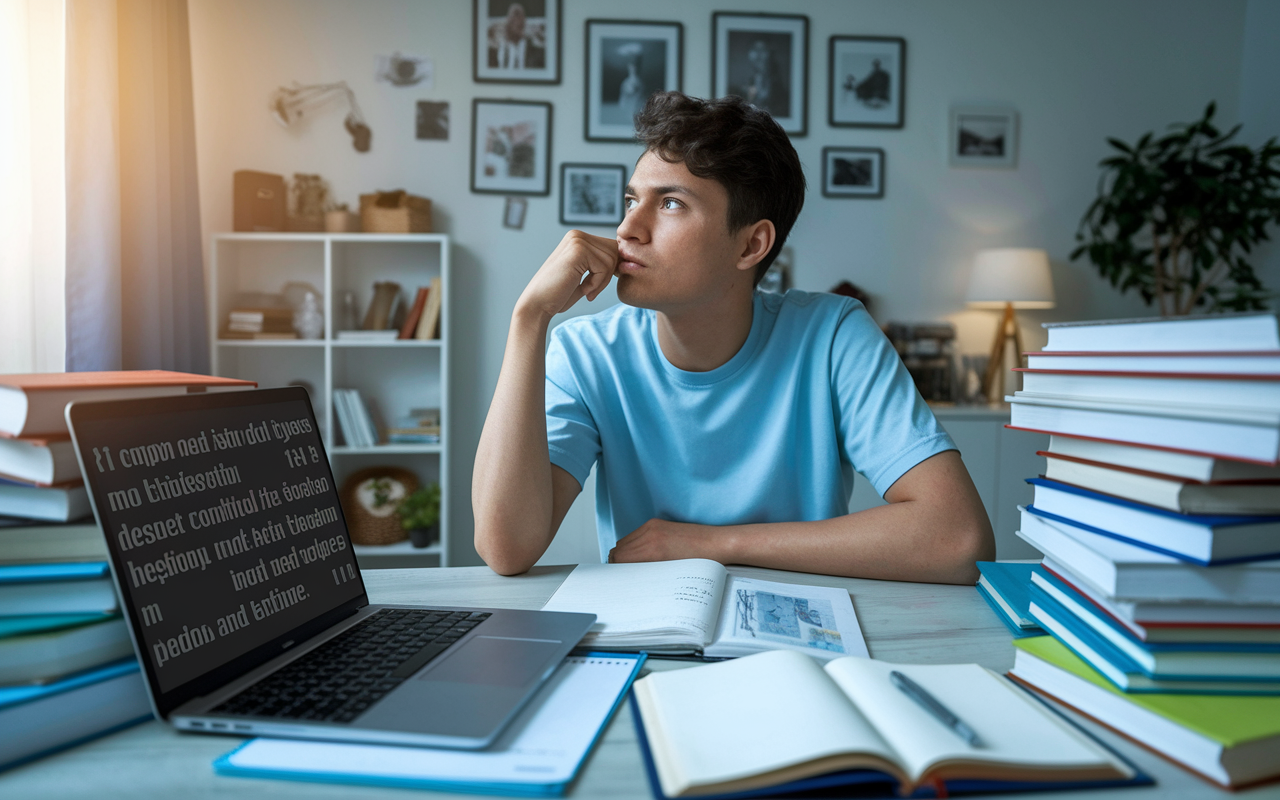 A thoughtful student sitting at a foreign desk, surrounded by piles of medical books and notes, conveying a sense of contemplation. The room reflects a blend of the local culture and the student’s homeland, indicating the student's struggle to adapt. An open laptop shows complex medical terminology as the student's expression shows both determination and apprehension. Soft ambient lighting enhances the mood of consideration and reflection.