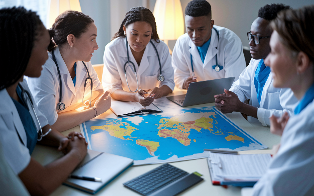 A focused group of medical students gathered around a table with laptops and documents, discussing their future options. Their faces show determination and enthusiasm as they share experiences and insights. A world map is spread out on the table, highlighting various international locations, adding a sense of exploration. Soft study lamps cast a warm glow, creating an inviting atmosphere for collaboration and planning.