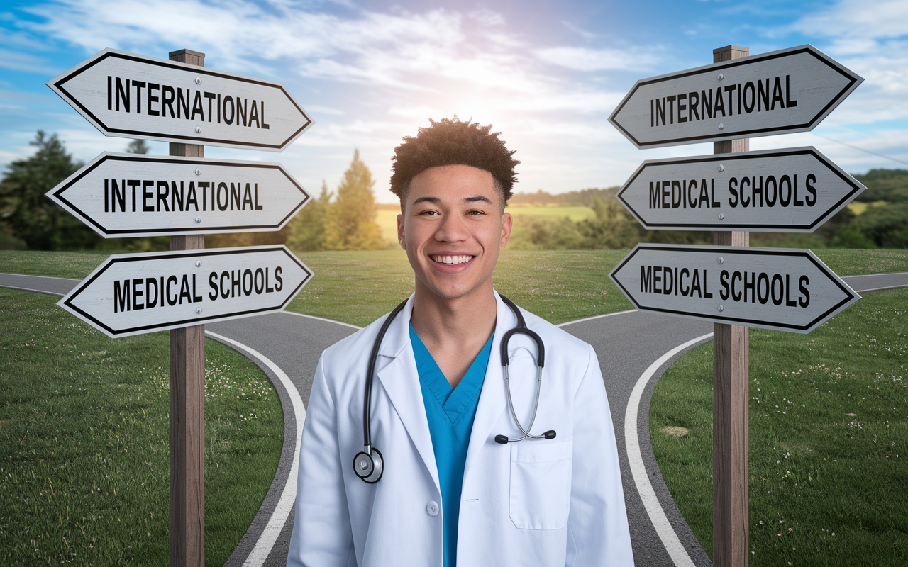 A young aspiring doctor standing at a crossroads with signs pointing to various international medical schools, symbolizing choice and opportunity. The setting is a lush landscape with bright skies, suggesting hope and future potential. The expression on the student's face is one of determination and excitement as they contemplate their decision-making journey.